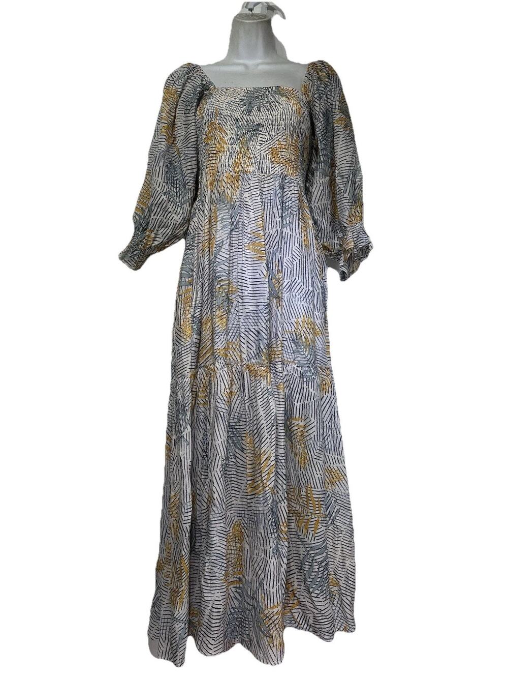 fate sheer floral striped short sleeve Smocked long maxi boho dress Size S